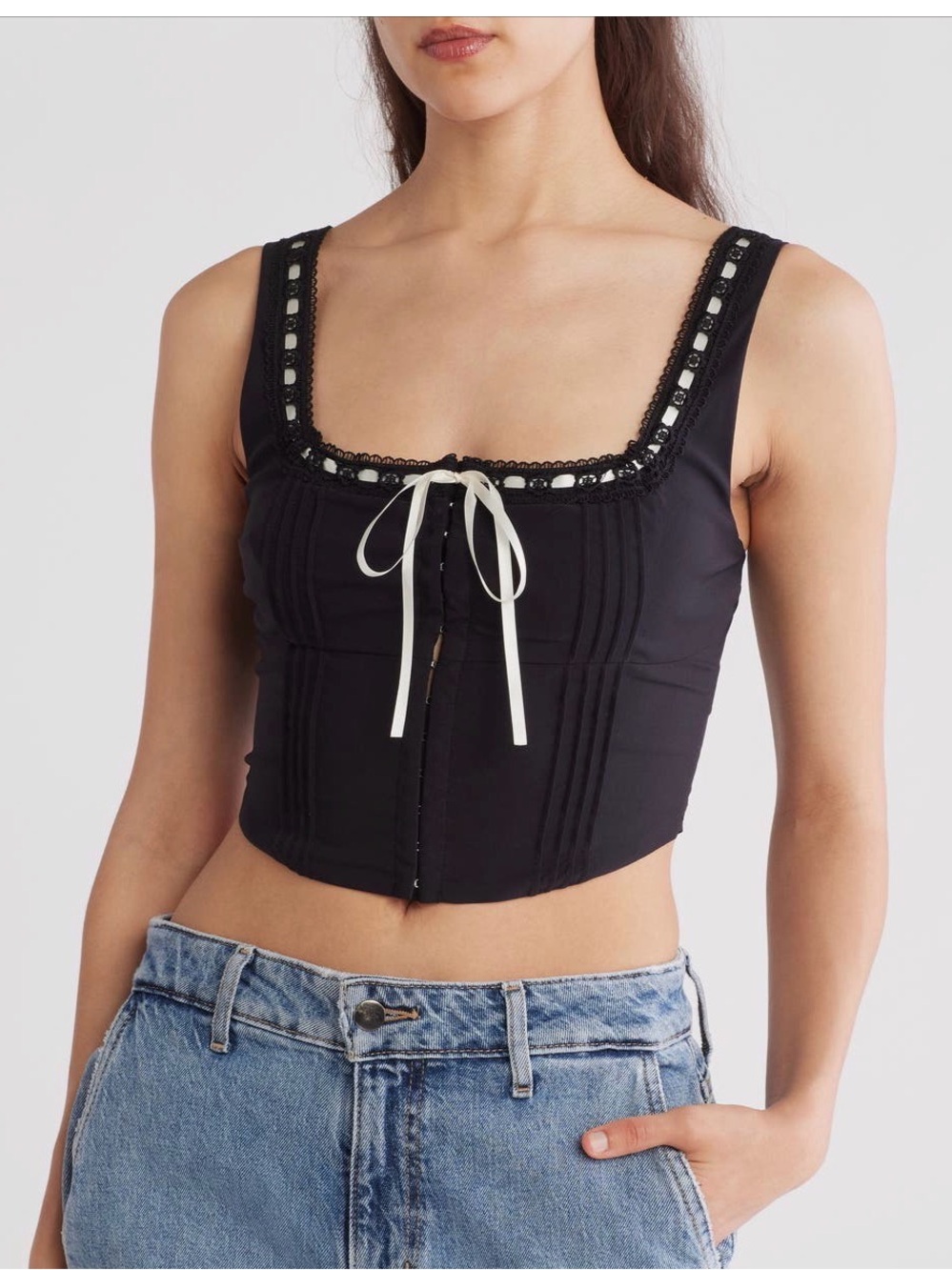 Front Tie Lace Corset Black Lace-Trim Camisole with White Ribbon Sz Large BNWT